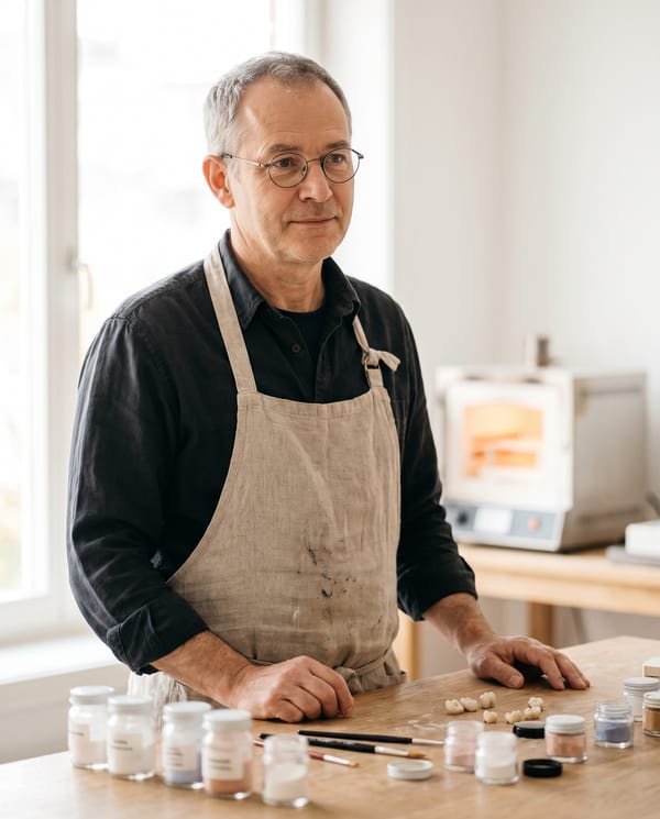 Portrait of Anders Lund, dental ceramist, in a linen apron at the walnut bench inside Larkspur Smile Studio