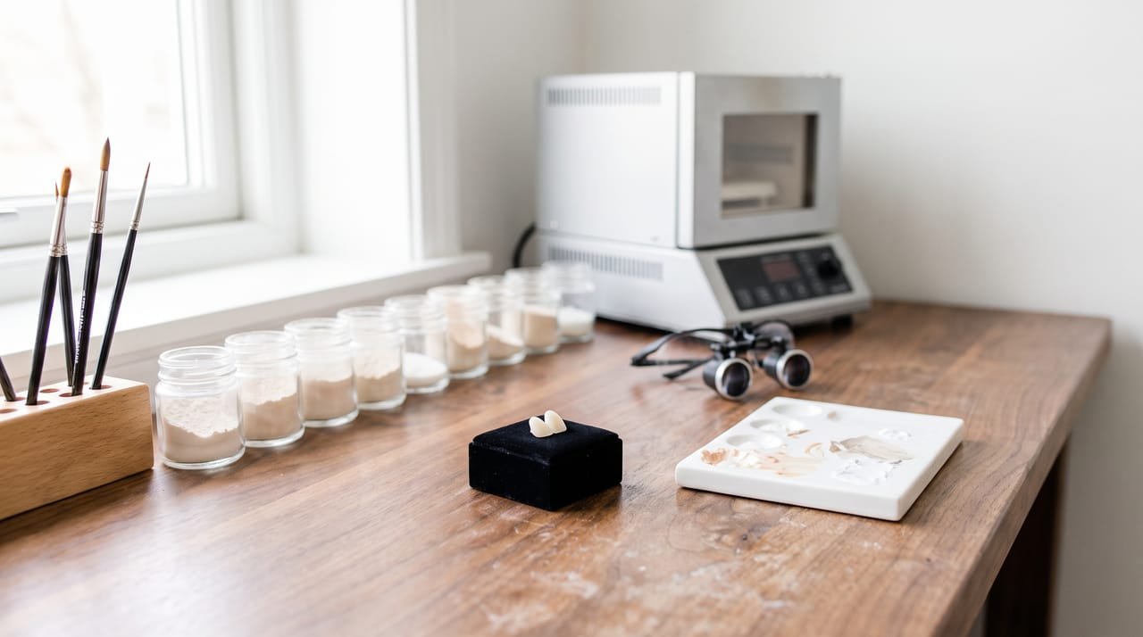 The ceramics bench inside Larkspur Smile Studio: jars of porcelain powder in tooth shades, sable brushes, a small bench kiln, a loupe and one porcelain veneer on a black velvet block by a window