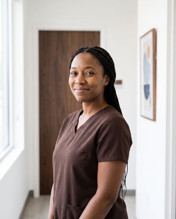 Portrait of Keisha Monroe, RDH, dental hygienist at Larkspur, in a white hallway with a walnut door