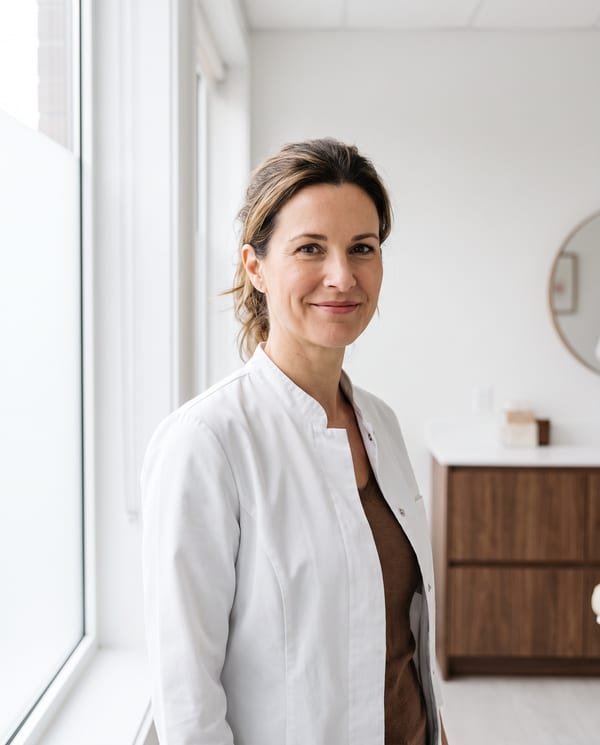 Portrait of Maren Ellery, DDS, founder of Larkspur Smile Studio, in a white clinical jacket beside a tall window in a consultation room