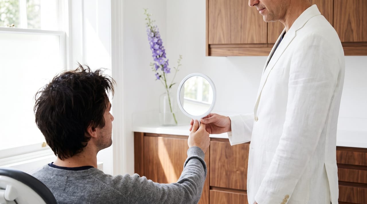 A dentist in a white jacket handing a round hand mirror to a seated patient at Larkspur, the patient seen from behind, the mirror showing only soft light