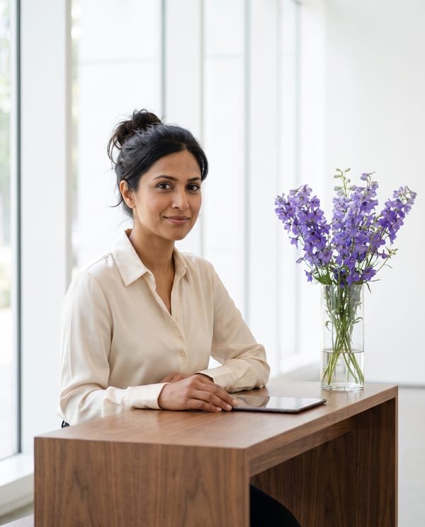 Portrait of Priya Natarajan, treatment coordinator at Larkspur, seated at a low walnut desk in the gallery-like reception with a vase of larkspur