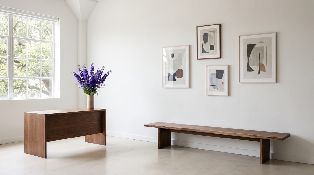 The Larkspur reception, arranged like a small gallery: white walls with three framed abstract prints, a long walnut bench, a low walnut desk with a vase of larkspur and a window onto live oak leaves